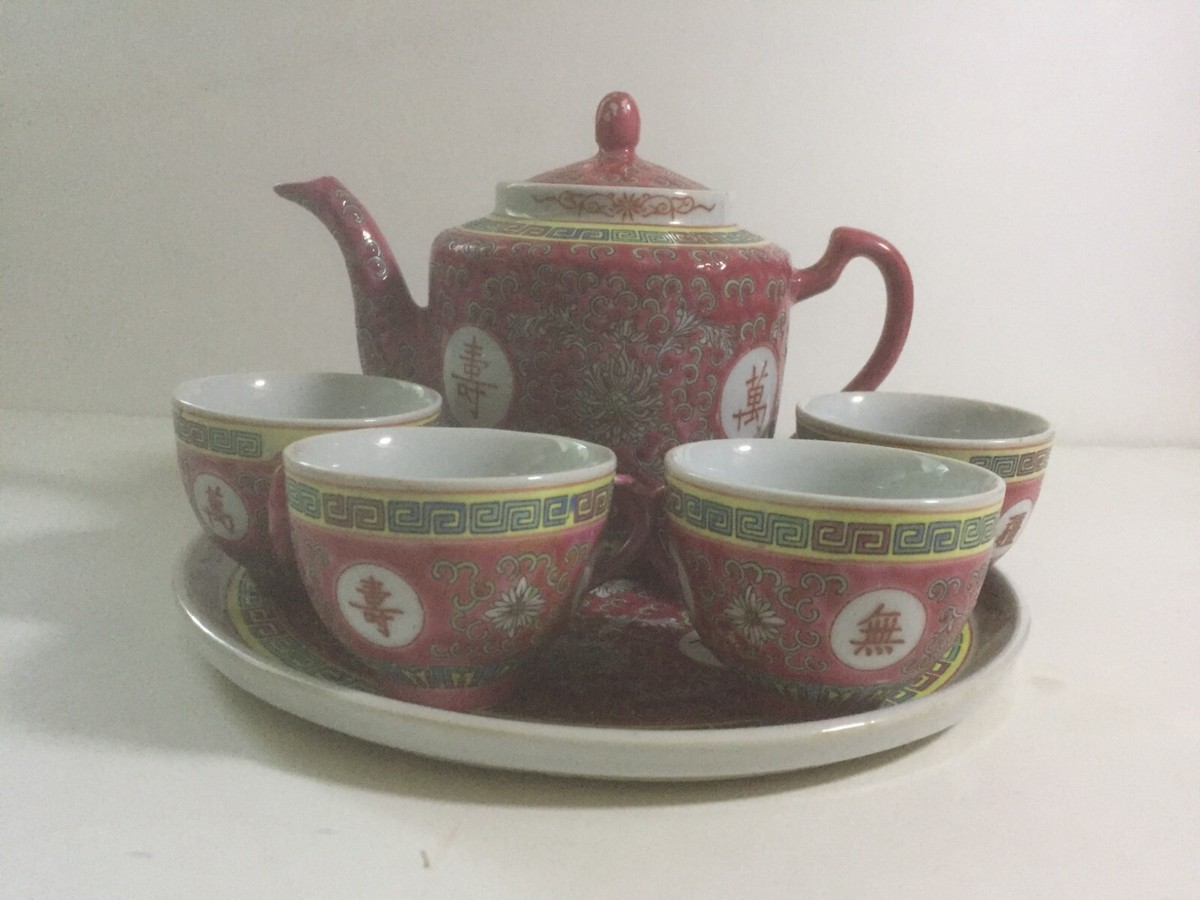 景德镇五六七瓷红双喜四囍杯壶套Antique China Jingdezhen Famille