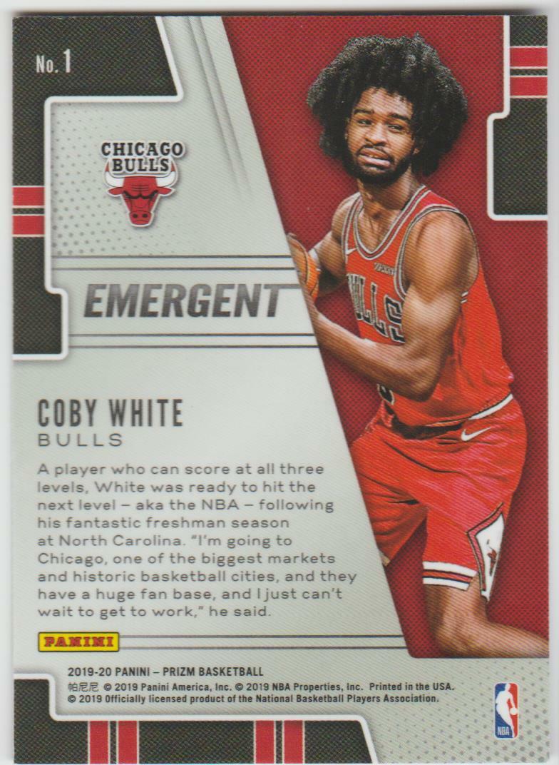COBY WHITE RC 19-20 PANINI PRIZM ROOKIE EMERGENT CARD # 1 CHICAGO