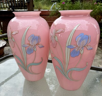 Set Of 2 80s Art Deco Pink Glass Hand Painted Flower Iris 13