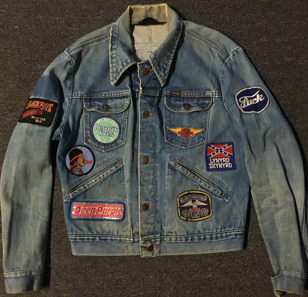 Vtg 70s Denim Patches Distress Jacket S Harley Jimi Hendrix Deep
