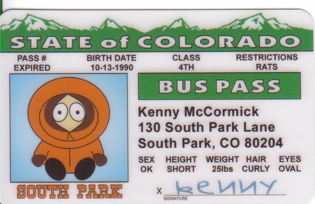 South Park Cartoon Kenny McCormick plastic collector ID card