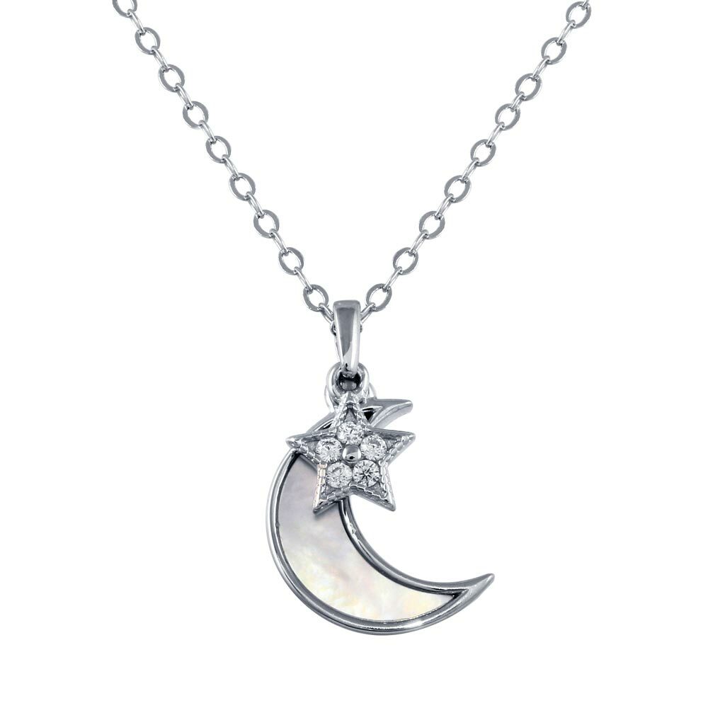 STAR & MOTHER OF PEARL MOON NECKLACE PENDANT W/ LAB ACCCENTS