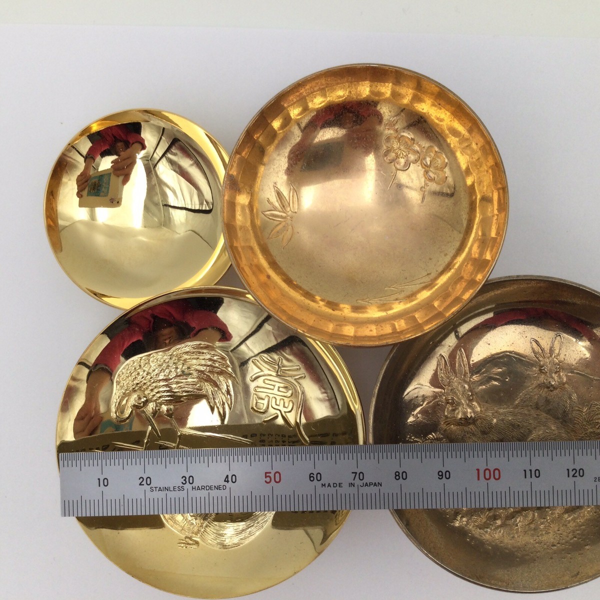 24KGP Sake Cup Rabbit Crane Turtle Sakazuki Vintage Gold Plated