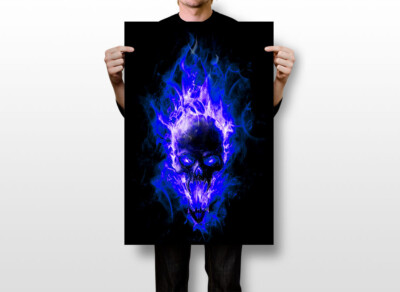 Blue Skull Blacklight Fantasy Artwork Colorful Wall Art Home Deco