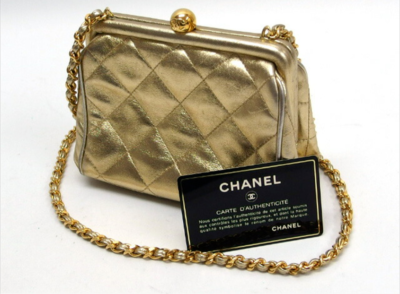 Chanel Quilted Clasp Chain Shoulder Bag Metallic Gold Leather With