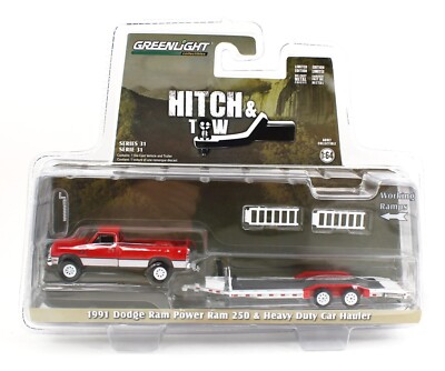 1:64 GreenLight *HITCH & TOW 31* Red 1991 Dodge Ram 250 & Flatbed
