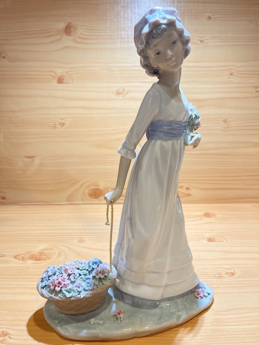 Lladro Porcelain Figurine Wild Flower Girl Pulling Basket of