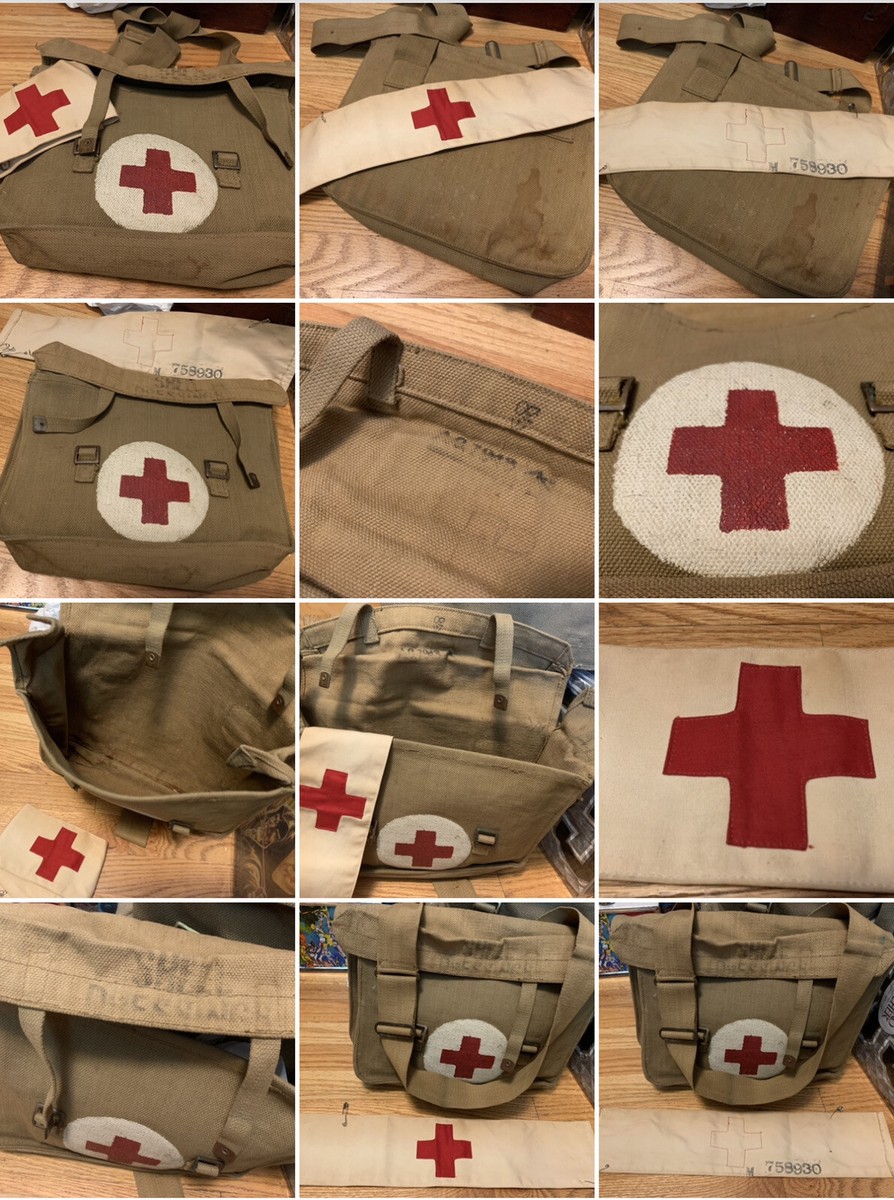 Vintage 40s WWII Combat Medic Pouch Shoulder Sling Bag & Red Cross