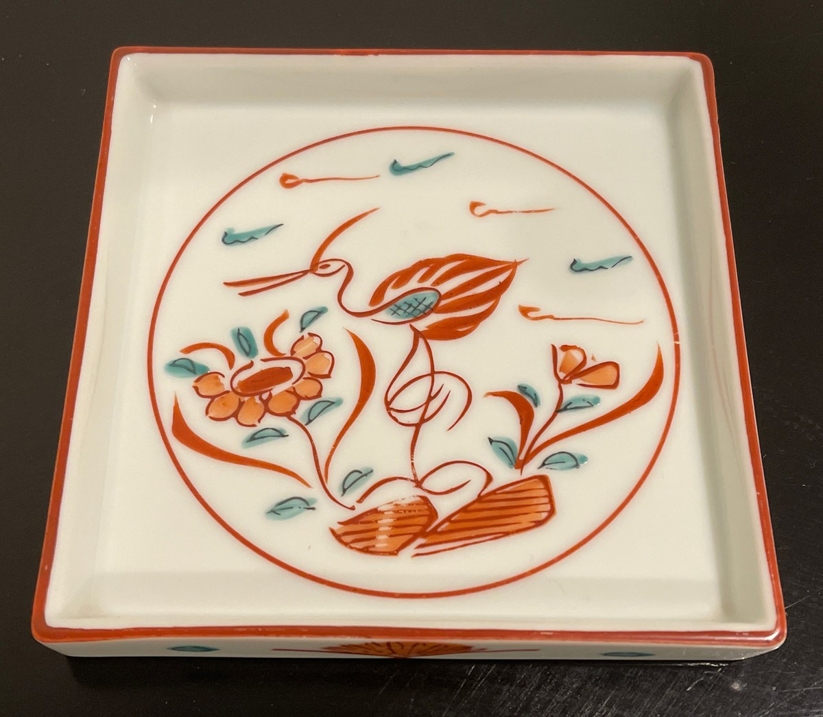 Tiffany & Co Japanese Serving Tray Plate Square Red Crane Flower
