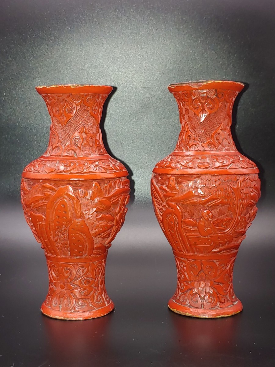 剔红漆器赏瓶Group Antique Chinese Qing Hand Carved Cinnabar