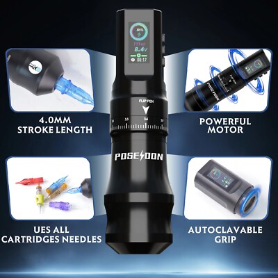 Poseidon Wireless Tattoo Machine Pen Adjustable Stroke 2.4-4mm LED