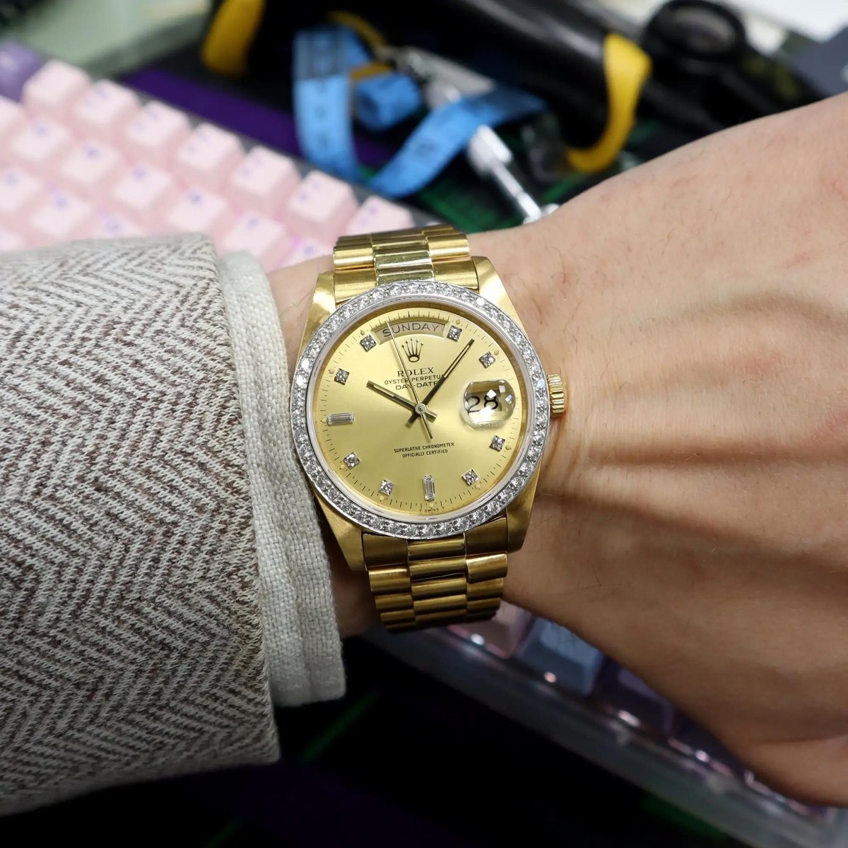 1980s Vintage Rolex 18048 Day-Date 36mm 18K Yellow Gold Diamond