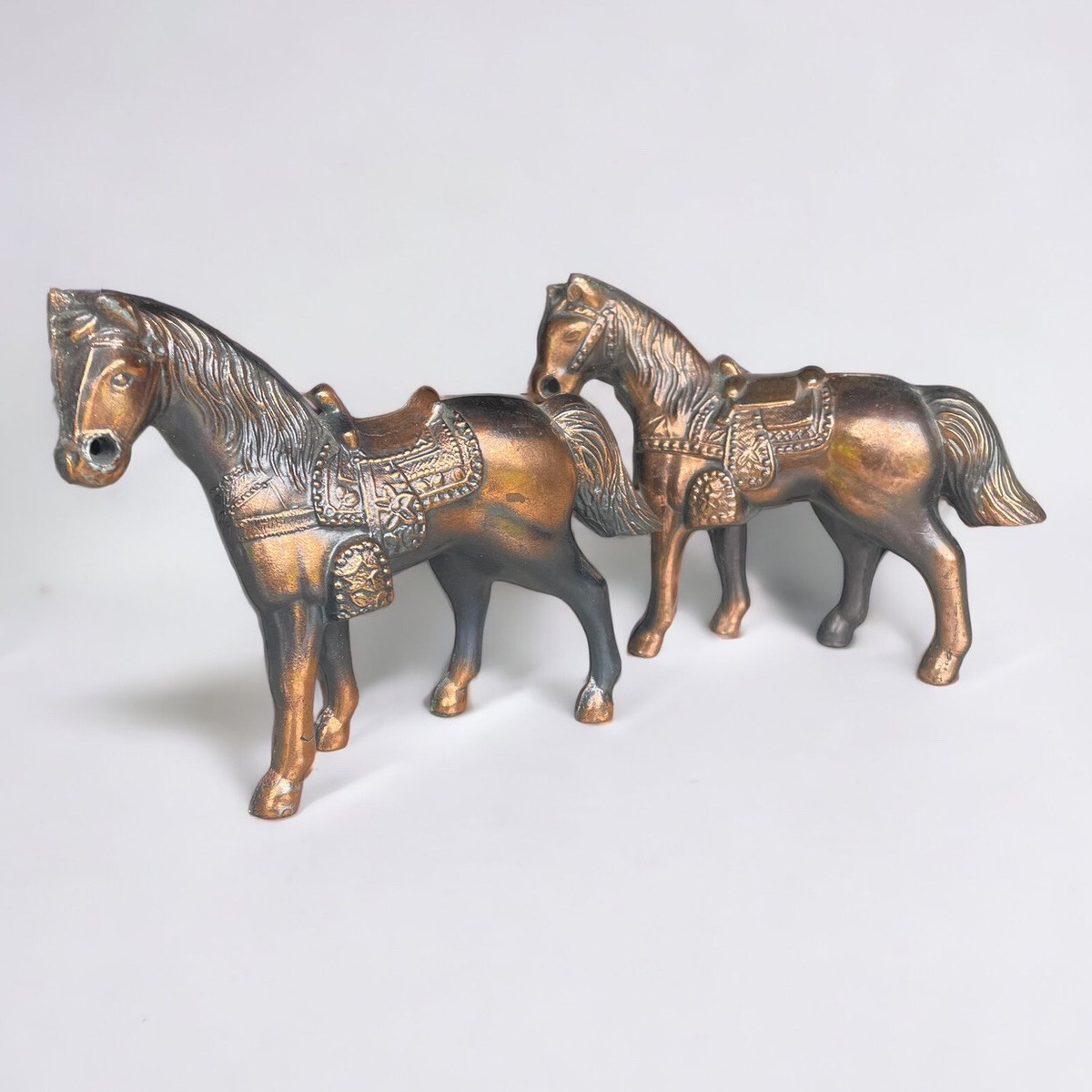 Lot Of 2 Pot Metal Copper Bronze Horse With Saddle Vintage
