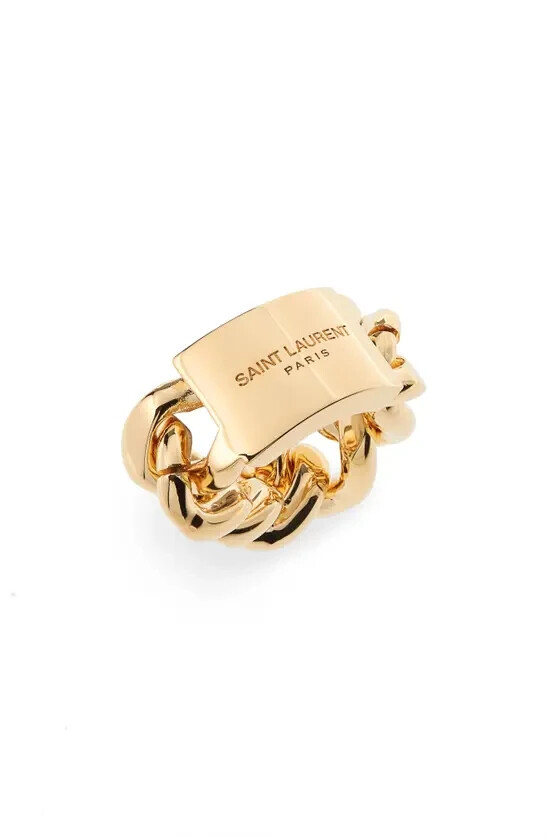 Authentic SAINT LAURENT Paris ID PLAQUE Gold-Tone Brass CURB CHAIN