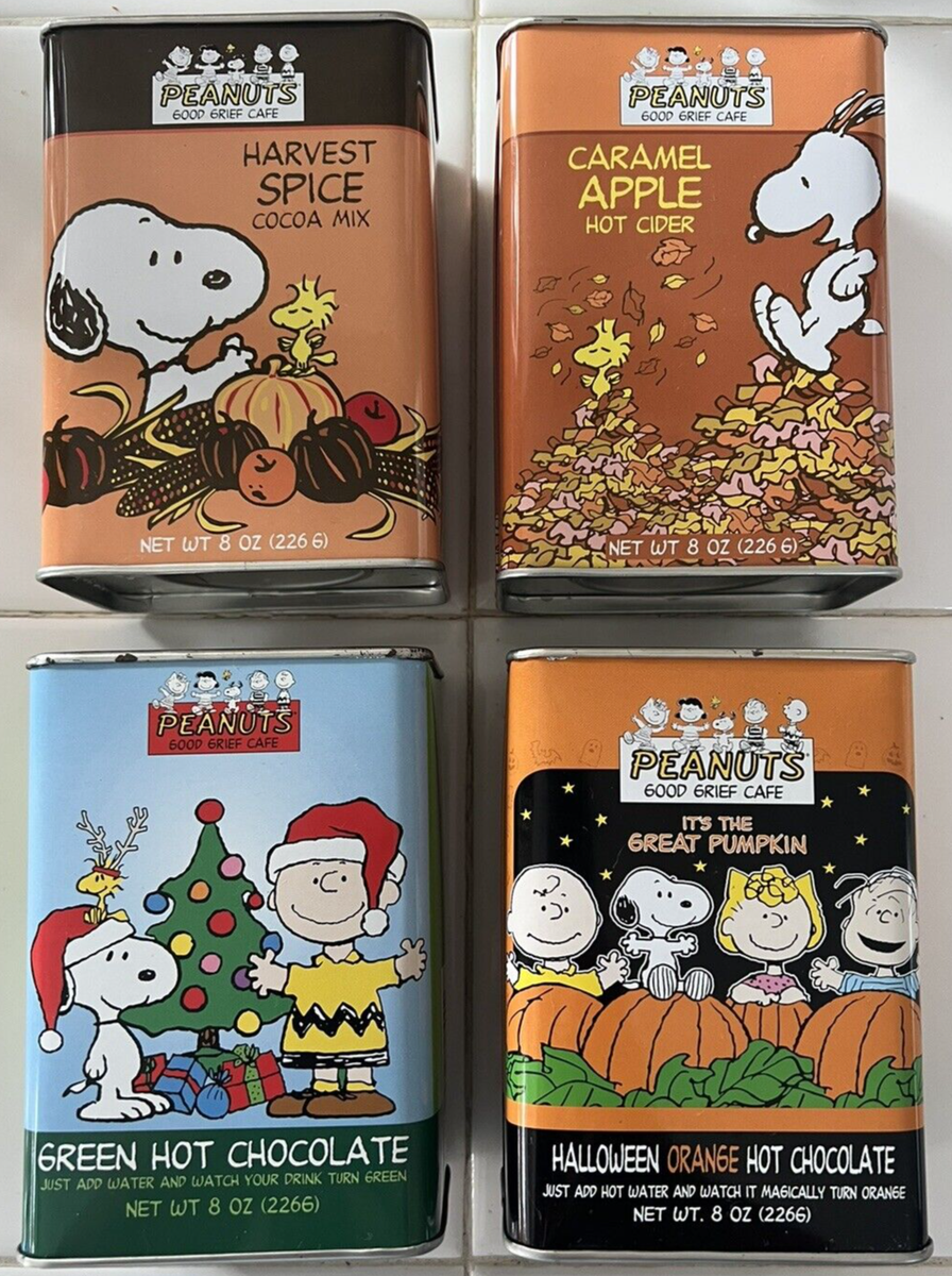 Peanuts Snoopy Collectible Hot Cider Chocolate Cocoa Mix + Tins _