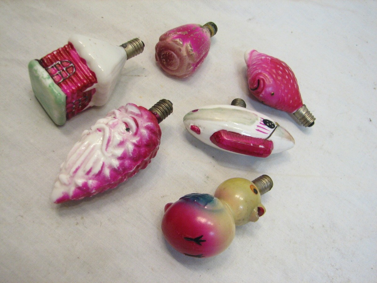 Set 6 Antique Christmas Figural Light Bulbs Santa Duck Zeppelin