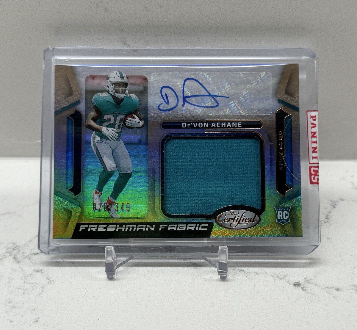 2023 De'VON ACHANE # /349 Panini Certified Rookie Patch AUTO RPA