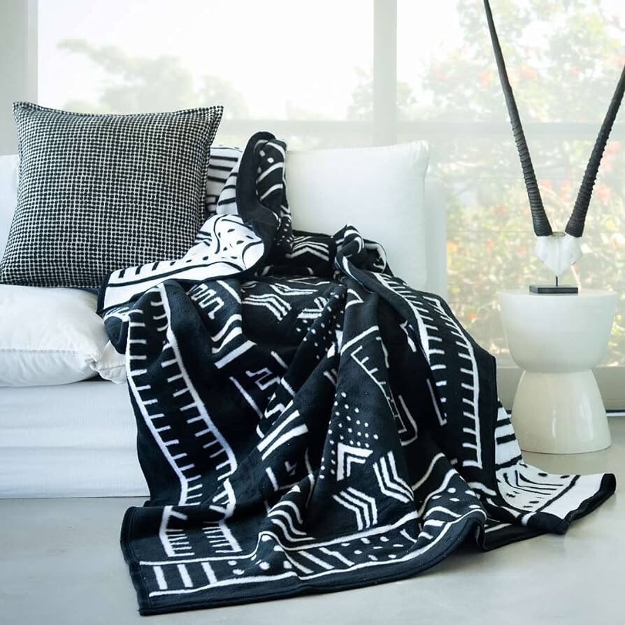 Aranda African Mud Cloth Blanket Black White Cotton Suede 79”x90