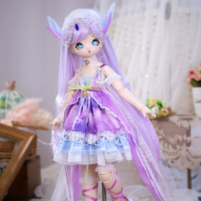 1/4 BJD Doll 40cm Ball Jointed Girl Purple Dress Shoes Outfits Wig