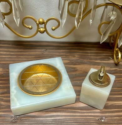 VINTAGE ELEGANT ART DECO BRASS w WHITE MARBLE ASHTRAY & LIGHTER