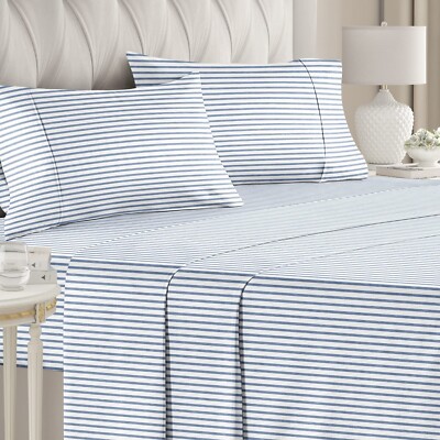 Blue Stripes Queen Size Sheet Set Extra Soft Breathable Deep to 16
