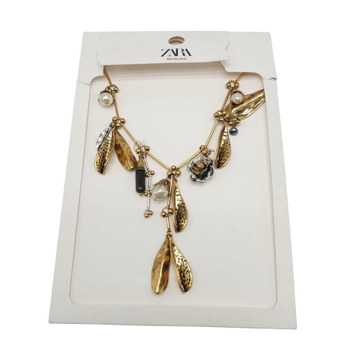 Zara Gold Tone Necklace Mixed Charms Leaf Flower Faux Pearl 4736