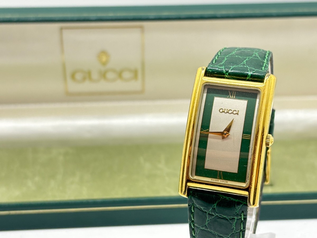 Near Mint w/Box] GUCCI 2600M Gold Plated Green Dial Quartz Men's