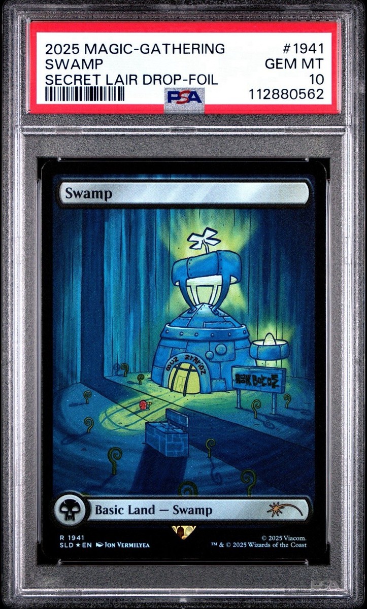 2025 MTG SECRET LAIR X SPONGEBOB SQUAREPANTS SWAMP FOIL PSA 10 GEM