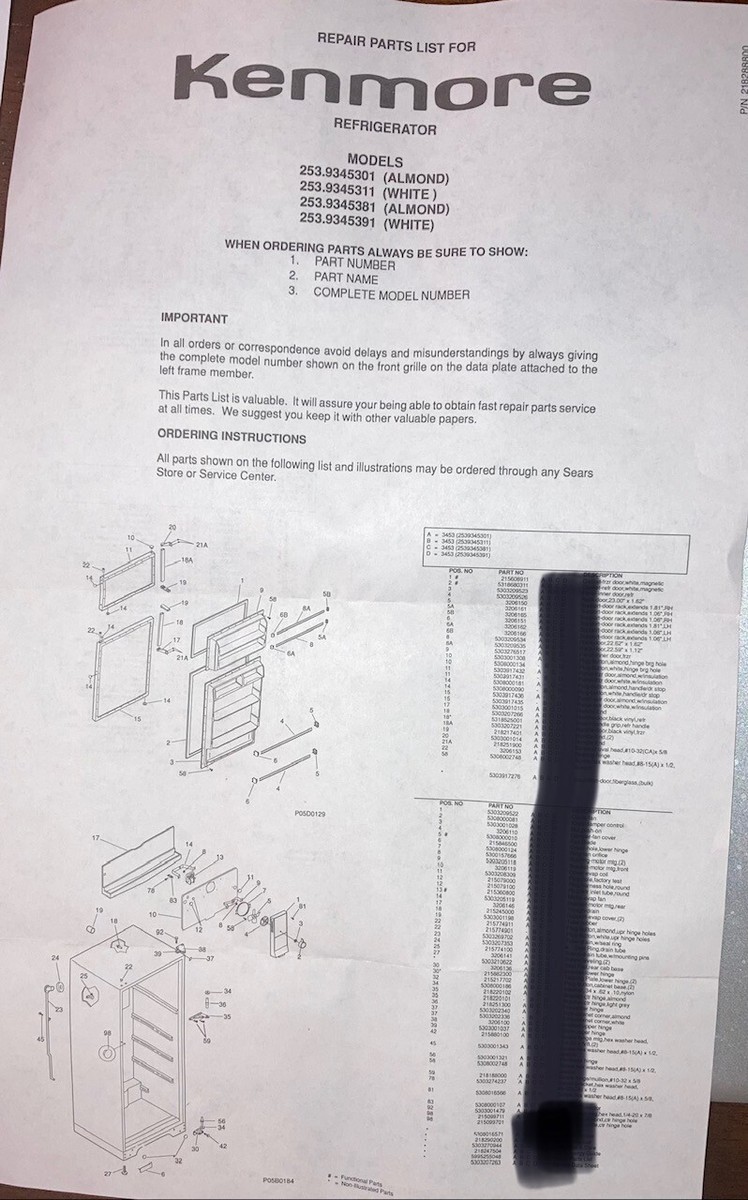 Kenmore Refrigerator-Repair Parts List and Owner's Guide/Manual