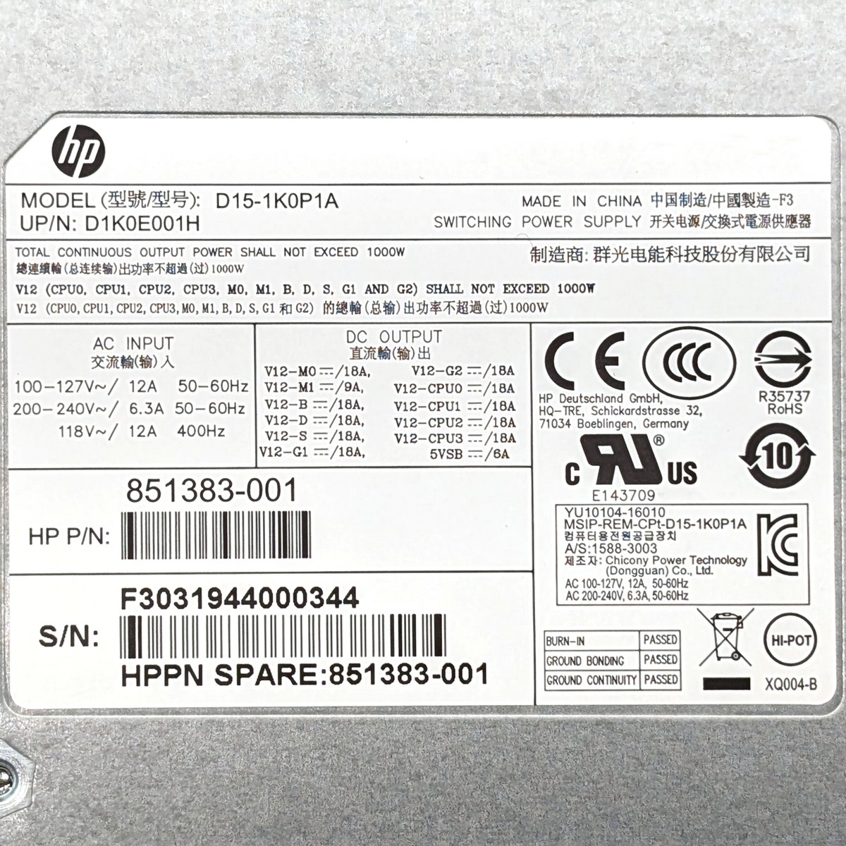 HP 851383-001 Z4 G4 / Z6 G4 1000W Switching Power Supply D15