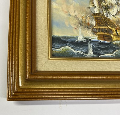 J Harvey? SHIPS BATTLE AT SEA Oil Painting On Canvas Signed Wood