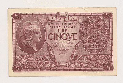 1944 Italy 5 Lire Bank Note ~ Uncirculated WWII Bank Note ~ 23