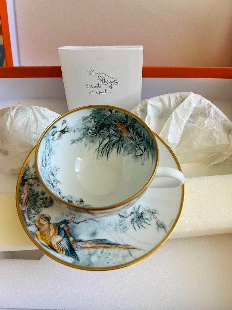 Hermes Carnets D'Equateur Tea Cup & Saucer Pair Robert Dallet