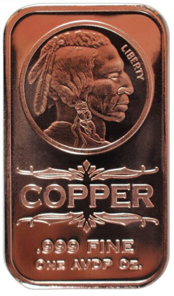 1 oz Copper Bar Indian Head w Patriotic Back .999 Fine AVDP ounce