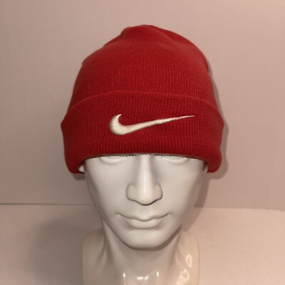 Vintage 90s Nike Red Beanie Knit Cap Winter Hat Embroidered White