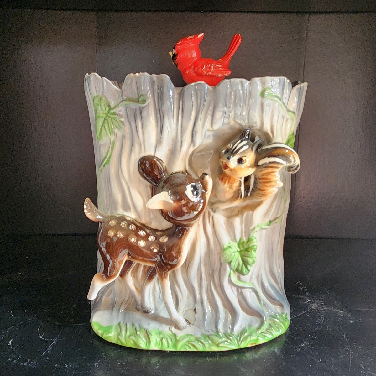 Mid Century Ceramic Cookie Jar Tree Trunk w/ 3D Deer, Squirrel and