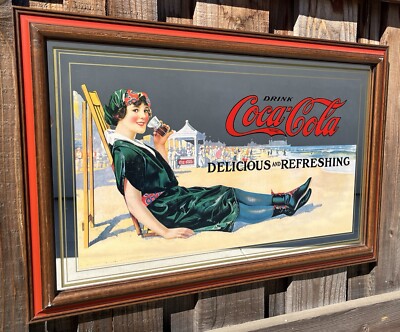 Vintage Coca Cola Girl On Beach Wood Framed Pub Bar Mancave Mirror