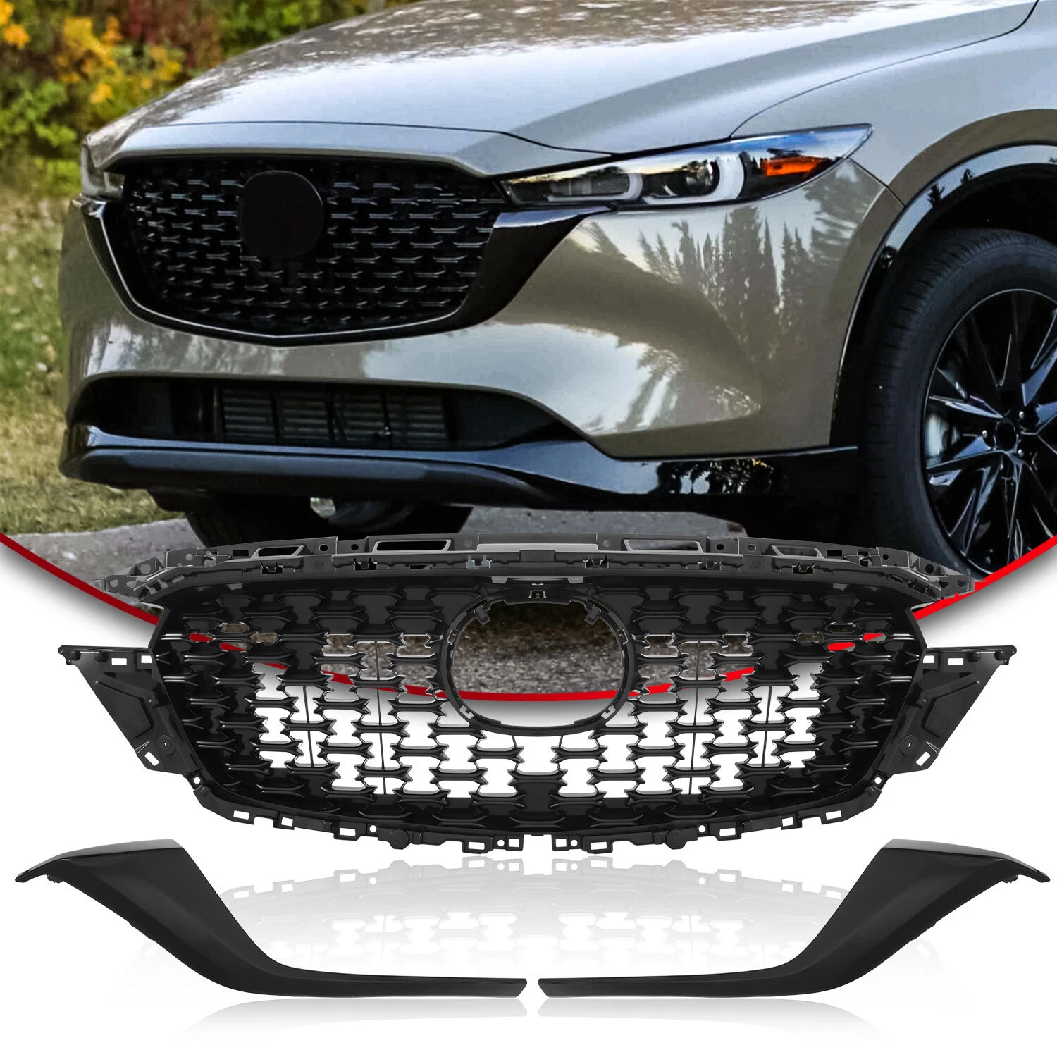 For 2022-2023 MAZDA CX-5 CX5 Front Upper Grille w/ Glossy Trim Set