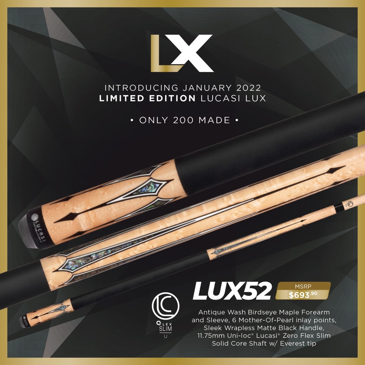 LUCASI LUX 52 CUSTOM POOL CUE 11.75MM SHAFT LTD ONLY 150 MADE NEW
