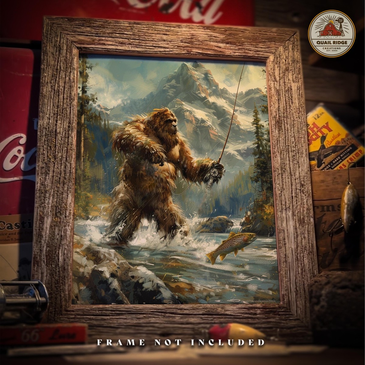 Vintage Sasquatch Bigfoot Art Print Fly Fishing Artwork Fishing