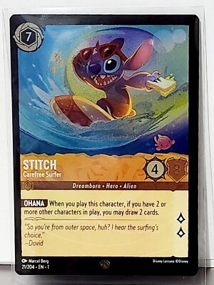 Disney Lorcana Stitch Carefree Surfer Legendary Holo COLD FOIL 21