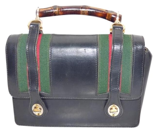 Gucci black leather lunchbox purse w bamboo handle & stripe | eBay