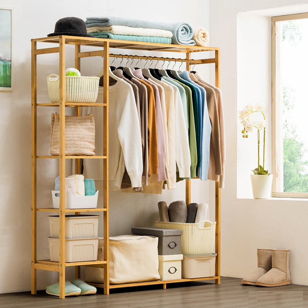 Freestanding Large Wood Clothing Garment Rack Shelf Clothes