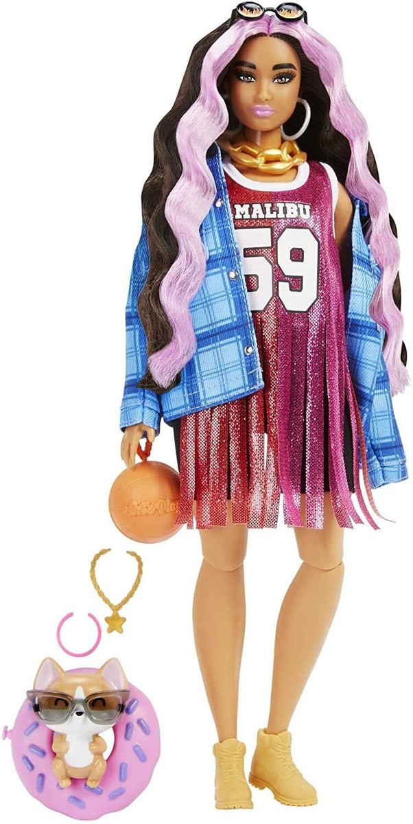Barbie Extra Doll #13 in Basketball Jersey Dress & pet Corgi HDJ46