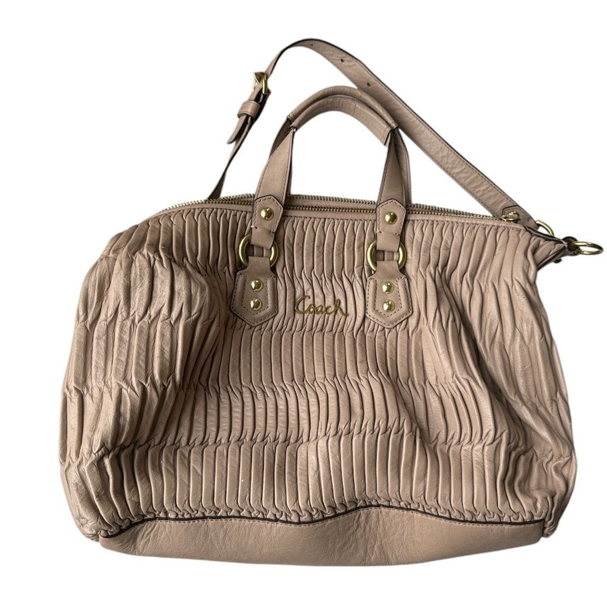 Coach Ashley Ruffle Tan Leather Satchel Handbag Purse E1382