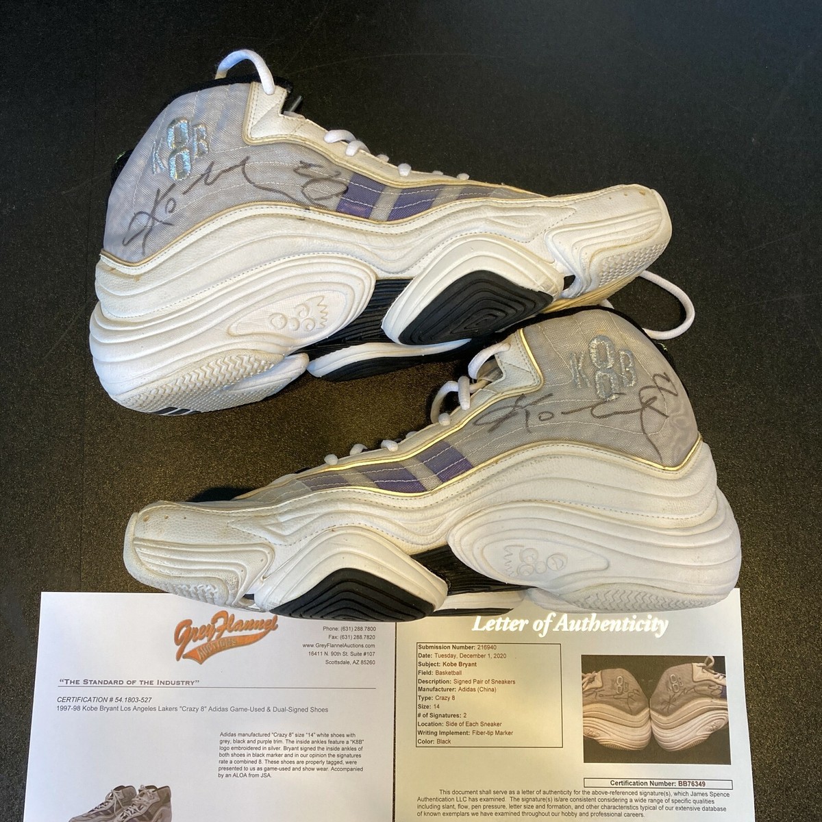 1997-98 Kobe Bryant Game Used Signed Crazy 8 Adidas Shoes Sneakers