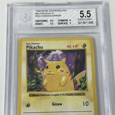 1999 Pokemon Card PIKACHU Red Cheeks Error #58/102 Shadowless Base