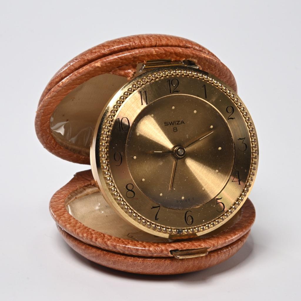 Swiza 8 Day Brass Brown Leather Wind Up Pocket Travel Clock 3