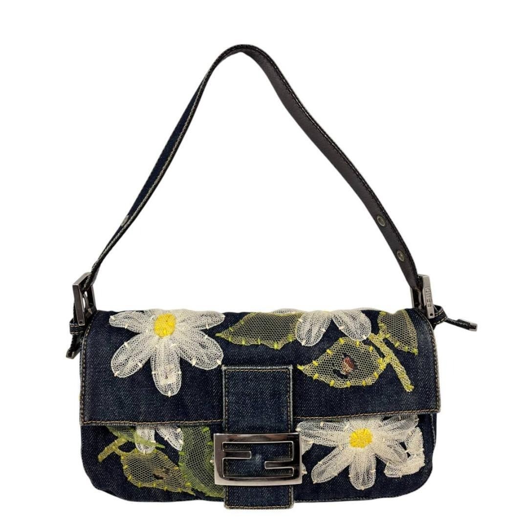 FENDI Vintage FF Logo Denim Mamma Baguette Shoulder Bag Flower
