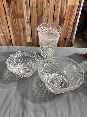 Set of 3 Vintage Clear Glass Wexford Diamond Anchor Hocking